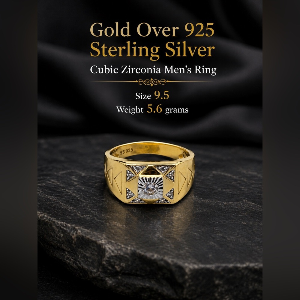 Men's Gold over 925 Sterling Silver Signet Ring with Center Stone CZ Size 9.5 - Picture 3 of 17